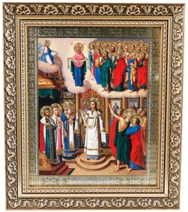 Икона «Покров Пресвятой Богородицы» (багет, канон, с предстоящими)